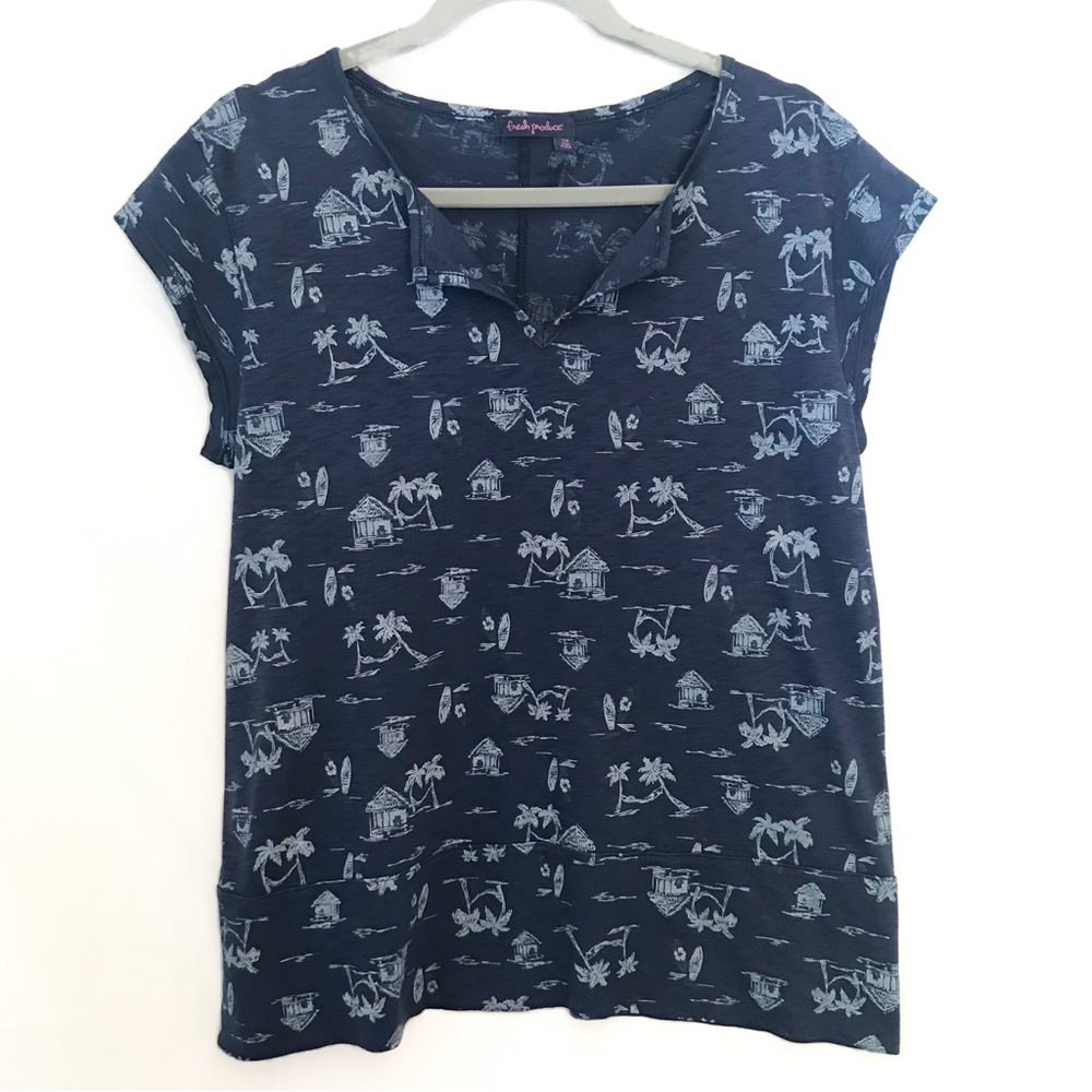 Fresh Produce Vintage Print Split Neck Tee Navy S